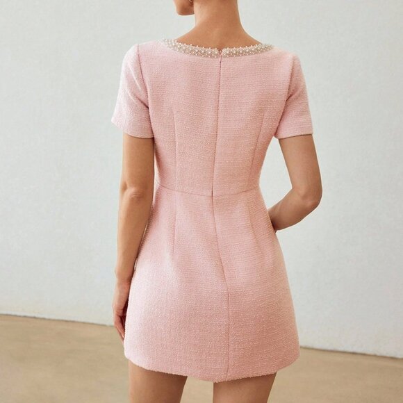 Pink Elegant Women's Tweed Faux Pearl Beaded Square Neck Dress - Picture 2 of 6